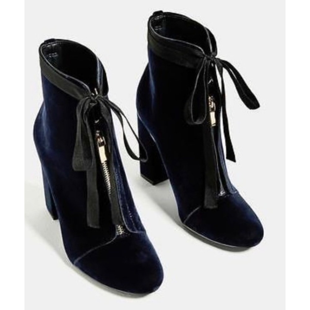 Zara Velvet Ankle Boots Women 41 Blue Front Zip Block Heel Ribbon Tie Gothic